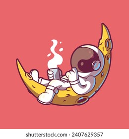 Astronaut drinking coffee in space seated on the moon vector illustration. Drinks, space, exploration design concept.	