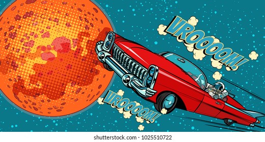 The astronaut driver in car on Mars. Pop art retro vector illustration comic cartoon hand drawn vector