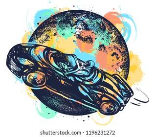 Astronaut drives car through Universe watercolor splashes style, car in space tattoo and t-shirt design. Symbol of science, travel to Mars, future technologies, dream, imagination 