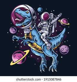 The astronaut drives the t-rex dinosaurs in the outer space full of stars and planets. editable layers vector artwork