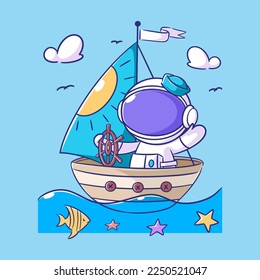 Astronaut is driving a boat in the sea