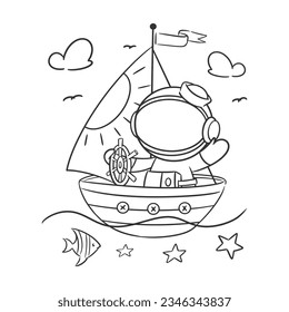 Astronaut is driving a boat in the sea for coloring