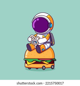 The astronaut is driving a burger car slowly that having a small wheels on it of illustration