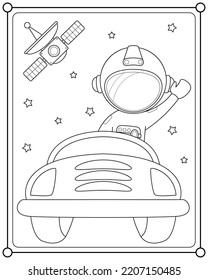 Astronaut driving a car in space suitable for children's coloring page vector illustration