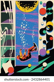 An Astronaut is drowning in  Outer Space, Abstract Geometric Background, 1980s Colors Poster 