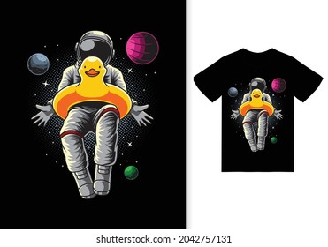 Astronaut duck balloon cartoon illustration with tshirt design premium vector The Concept of Isolated Technology. Flat Cartoon Style Suitable for Landing Web Pages, Banners, Flyers, Stickers, Cards