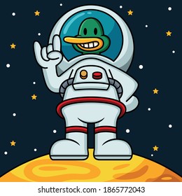 Astronaut Duck Vector Icon Illustration. Mascot Cartoon Character. Animal Icon Concept White Isolated.