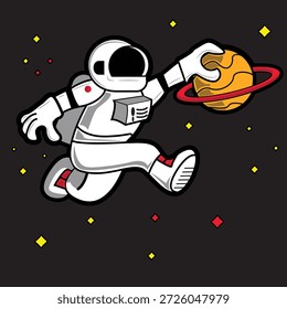 Astronauta hundiendo un planeta naranja en sus propios anillos rojos mientras las estrellas están en el fondo del espacio
