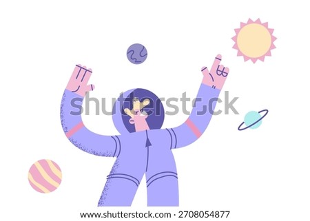 Astronaut during work in space concept. Young smiling cosmonaut in white protective suit standing levitating in space near planets and galaxies around vector illustration