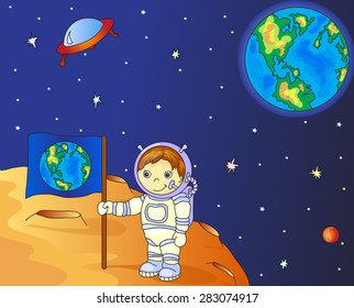 Astronaut with Earth flag on the moon surface in space colorful vector illustration