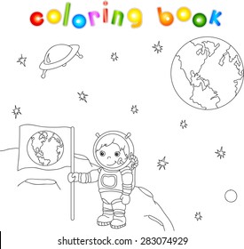 Astronaut With Earth Flag On The Moon Surface In Space Coloring Book