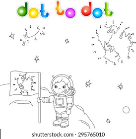 Astronaut with Earth flag on the moon surface in space colorful vector illustration