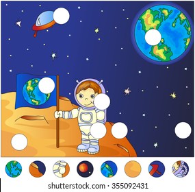 Astronaut with Earth flag on the surface of Moon. complete the puzzle and find the missing parts of the picture. Vector illustration. Educational game for kids