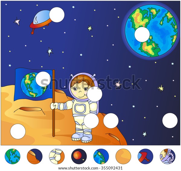 Astronaut with Earth flag on\
the surface of Moon. complete the puzzle and find the missing parts\
of the picture. Vector illustration. Educational game for\
kids