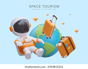 Astronaut in Earth orbit with luggage. Interesting journeys into space. Modern tourism. Unusual offers from travel agencies. See space with your own eyes. Color template in cartoon style