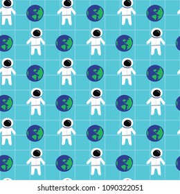 Astronaut earth pattern in blue sky. A playful, modern, and flexible pattern for brand who has cute and fun style. Repeated pattern. Happy, bright, and magical mood.