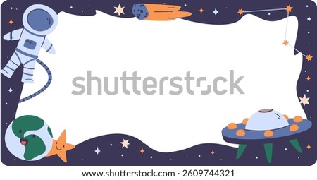 An astronaut, Earth, and UFO are surrounded by stars and comets in a playful border. The design includes celestial elements and a whimsical space scene. Cartoon vector illustration.
