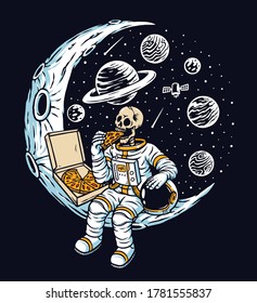 Astronaut eat pizza on the moon vector illustration