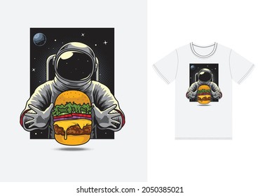 Astronaut eating burger illustration with tshirt design premium vector the Concept of Isolated Technology. Flat Cartoon Style Suitable for Landing Web Pages, Banners, Flyers, Stickers, Cards