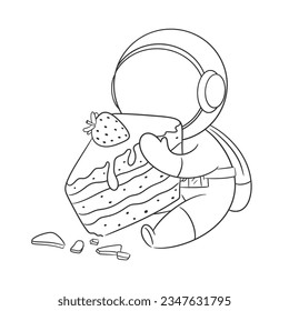 Astronaut is eating a cake with strawberry topping for coloring