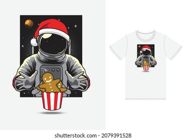 Astronaut eating cookies illustration with tshirt design premium vector the Concept of Isolated Technology. Flat Cartoon Style Suitable for Landing Web Pages, Banners, Flyers, Stickers, Cards