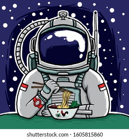 astronaut eating mie ayam or chicken noodles illustration. indonesian chicken noodle or mie ayam