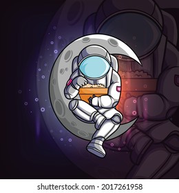 The astronaut eating the popcorn and sitting on the moon of illustration