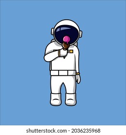 Astronaut eating strawberry and chocolate ice cream cone flat vector cartoon illustration