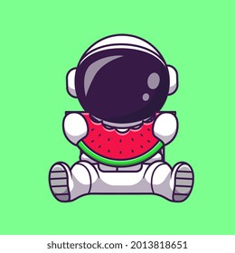 Astronaut Eating Watermelon Fruit Cartoon Vector Icon Illustration. Science Food Icon Concept Isolated Premium Vector. Flat Cartoon Style