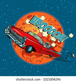 Astronaut in electric car over Mars. Pop art retro vector illustration comic cartoon hand drawn vector