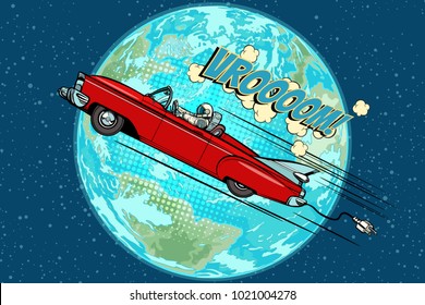 Astronaut in an electric car over the planet Earth. Pop art retro vector illustration comic cartoon hand drawn vector