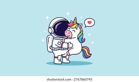 An astronaut embraces a unicorn in a whimsical space scene, symbolizing friendship and fantasy.