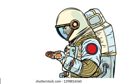 astronaut with an empty palm. Pop art retro vector illustration vintage kitsch