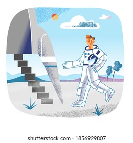 Astronaut entering spaceship to take off on Earth. Happy smiling man walking into rocket. Moon and planet travel exploration vector illustration. Departure scene, staircase ready.