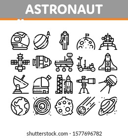 Astronaut Equipment Collection Icons Set Vector Thin Line. Astronaut Spacesuit And Helmet, Shuttle And Satellite, Rocket And Asteroid Concept Linear Pictograms. Monochrome Contour Illustrations