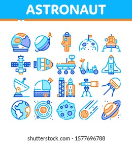 Astronaut Equipment Collection Icons Set Vector Thin Line. Astronaut Spacesuit And Helmet, Shuttle And Satellite, Rocket And Asteroid Concept Linear Pictograms. Color Contour Illustrations