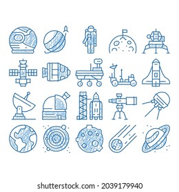 Astronaut Equipment sketch icon vector. Hand drawn blue doodle line art Astronaut Spacesuit And Helmet, Shuttle And Satellite, Rocket And Asteroid Illustrations