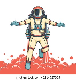 Astronauta con empaque despega. Afiche retro con cosmonauta voladora con jetpack. Ilustración del vector