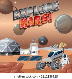 Astronaut explore Mars planet scene illustration