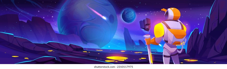 Astronaut explore planet in space cartoon fantasy vector background. Falling meteorite in outer cosmos scene. Lava puddle on cosmic surface and cosmonaut character in suit with helmet at night