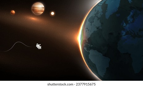 An astronaut explores a celestial sphere in the galaxy. Exploring the Vastness of the Cosmos: a Journey Through the Stars and Planets