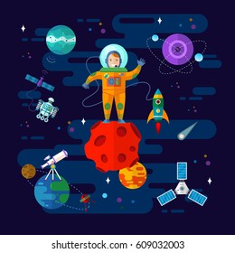 Astronaut Explores new Planets and Space In Flat Style