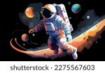 Astronaut explores space being desert planet. Astronaut space suit performing extra cosmic activity space against stars and planets background. Human space flight. Modern vector illustration