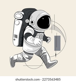 Astronaut explores space being desert planet. Astronaut space suit performing extra cosmic activity space against stars and planets background. Human space flight. Modern vector illustration