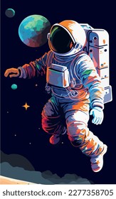 Astronaut explores space being desert planet. Astronaut space suit performing extra cosmic activity space against stars and planets background. Human space flight. Modern vector illustration