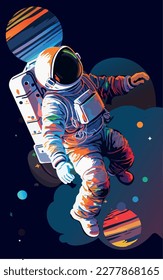 Astronaut explores space being desert planet. Astronaut space suit performing extra cosmic activity space against stars and planets background. Human space flight. Modern vector illustration