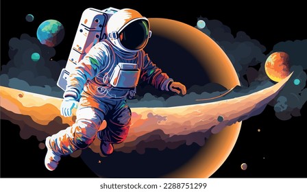 Der Astronaut erforscht den Weltraum als Wüstenplanet. Astronautenanzug mit extra kosmischem Aktivitätsraum auf Sternen und Planetenhintergrund. Moderne Illustration