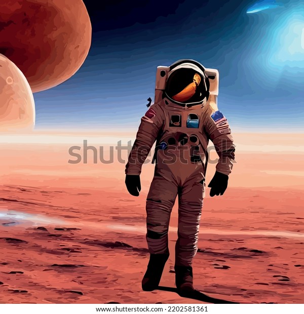 Astronaut explores space being desert mars. Astronaut\
space suit performing extra-cosmic activity space against stars and\
planets background. Human space flight. Modern colorful vector\
illustration 