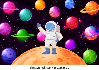 Astronaut explores space. Space flight of man. Astronaut in a spacesuit against the background of stars and planets. Large set of colorful planets. Vector illustration.