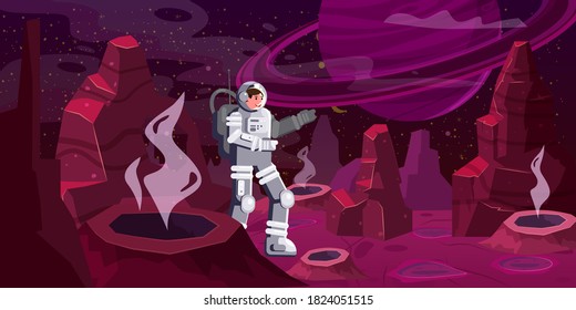 Astronaut exploring alien planet. Cosmonaut scientific traveler character on a rocky surface in far galaxy. Cartoon flat style vector illustration banner